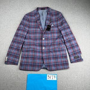 Ralph Lauren 20R Sport Coat Blazer Black Label Blue Red Plaid Linen New $140